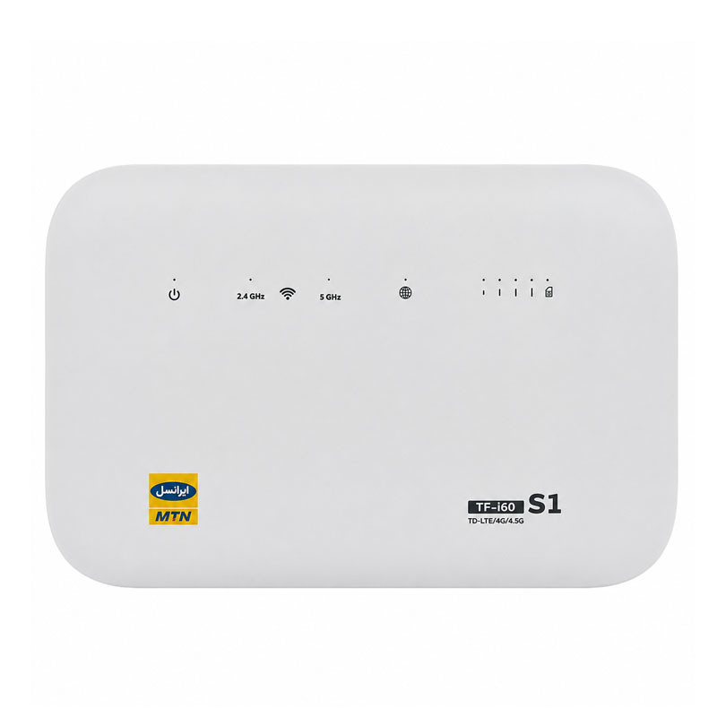 مودم روتر TD-LTE ایرانسل مدل TF i60 4.5G S1 با سرعت دانلود 300Mbps و آپلود 30Mbps، پشتیبانی از 32 کاربر، شیار سیم‌کارت و پورت LAN